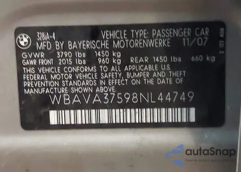 2008 BMW 328I z USA, uszkodzony, nr VIN WBAVA37598NL44749